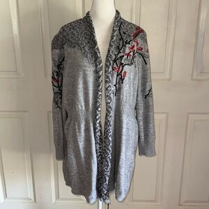 Zozo Gray With Red Botanical Embroidery Cardigan Sweater